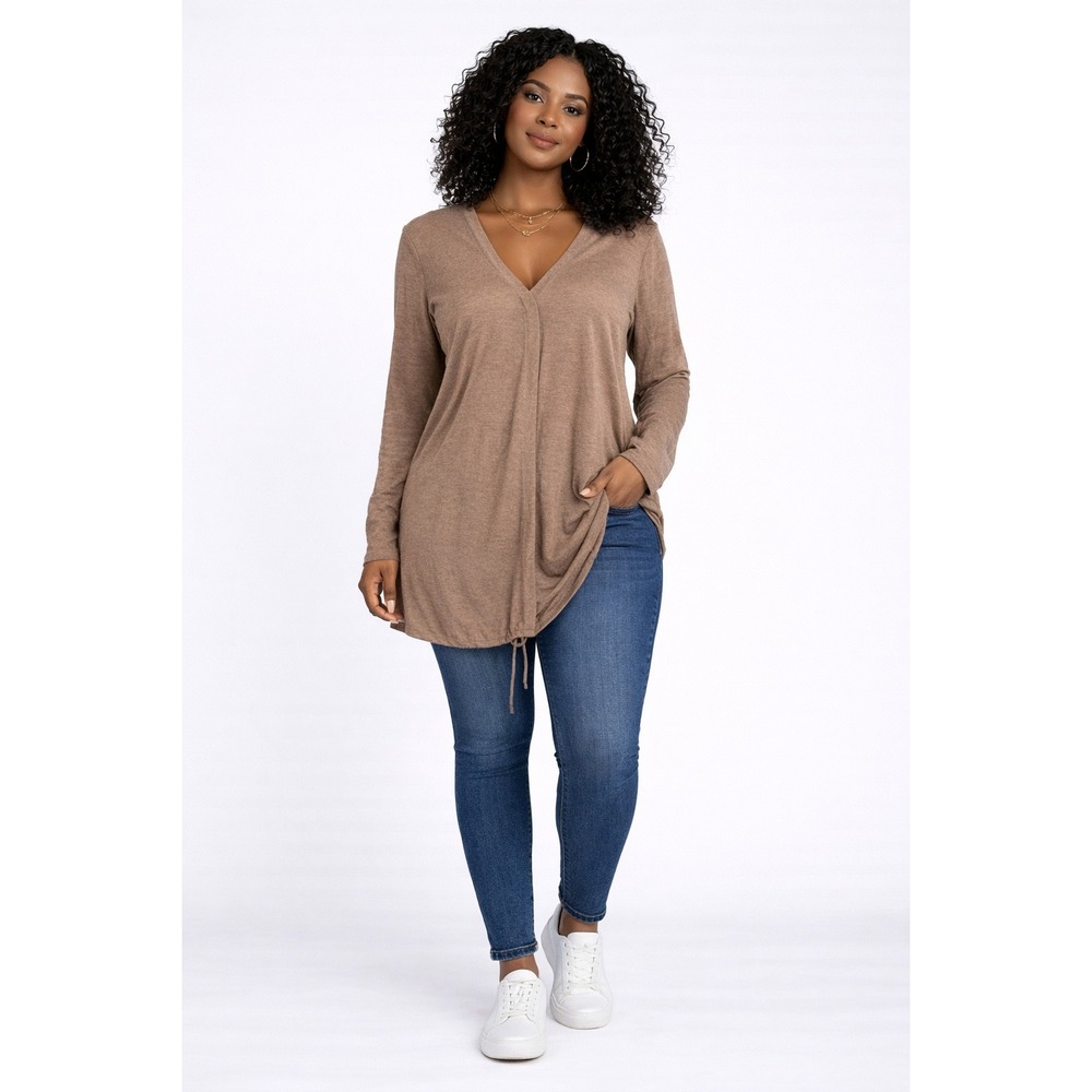 SHEIN Plus Size Brown‎ V-Neck Drawstring Tunic Cardigan Long Sleeve Sweater